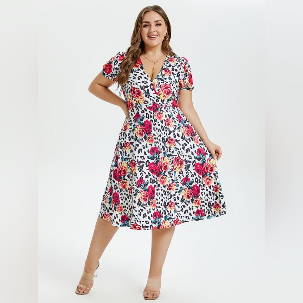 Floral & Leopard Print V-Neck Puff Sleeve Elastic Waist Midi Dress